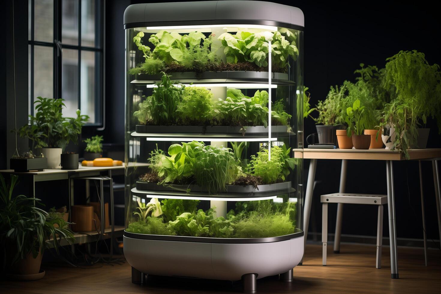 A glass display case with plants inside photo