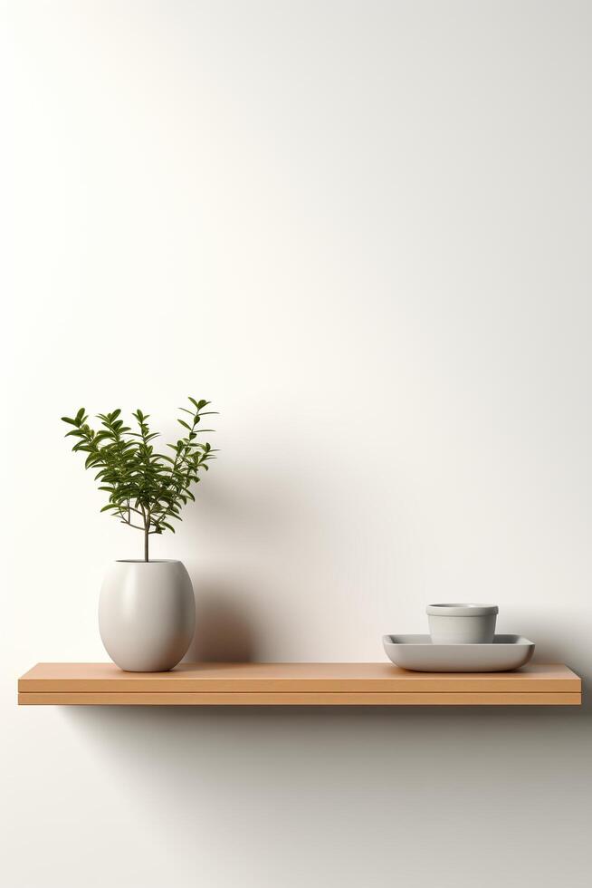 A wooden shelf with a plant and a bowl photo