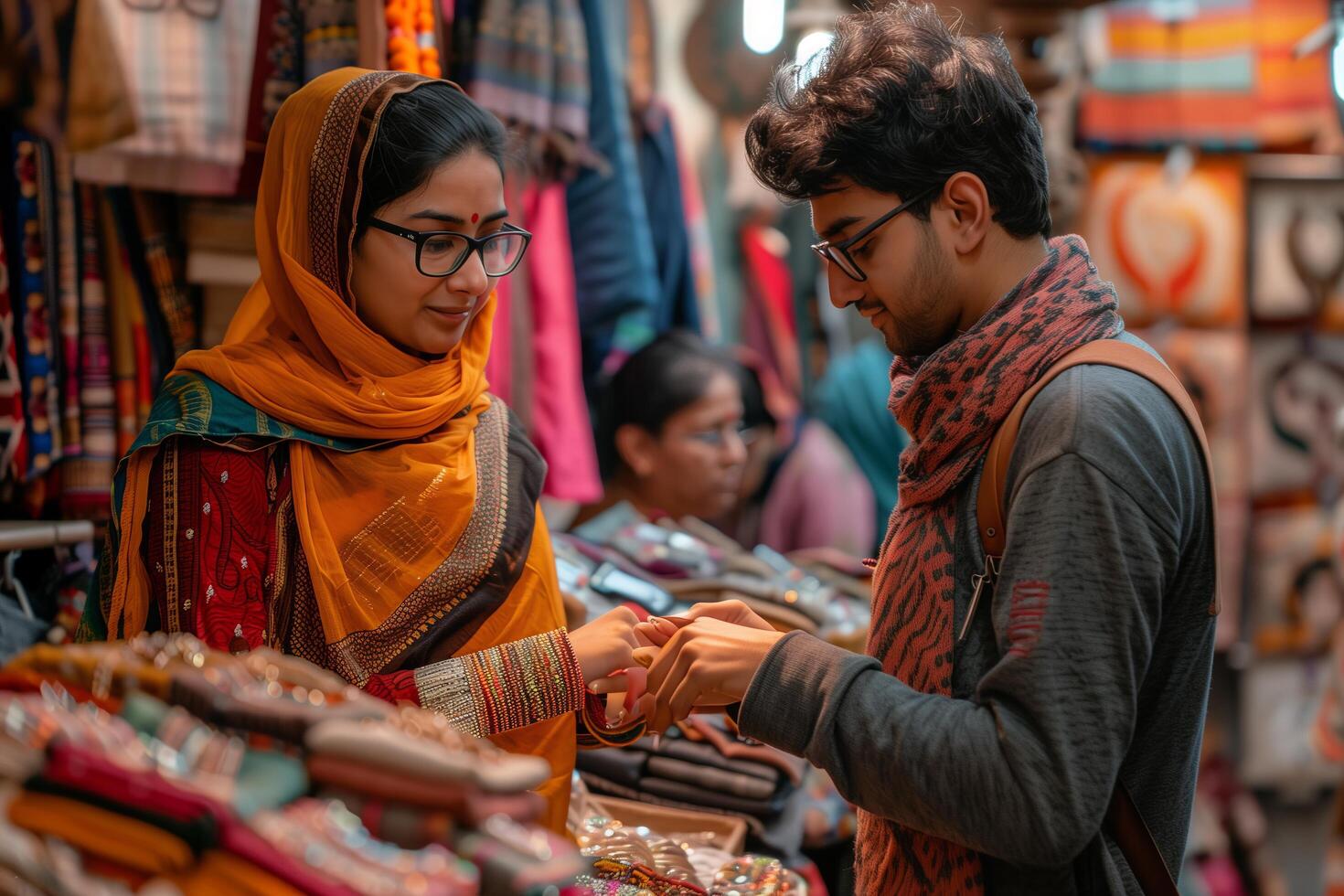 A man and woman are looking at items in a market photo