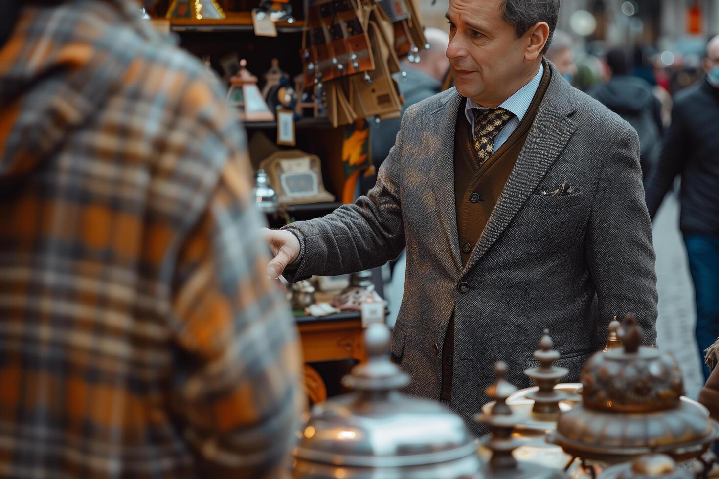 A man in a suit is standing in front of a store photo