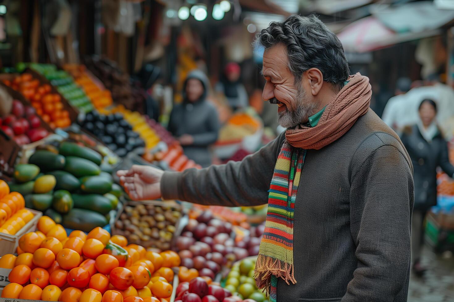 A man is standing in front of a fruit stand photo