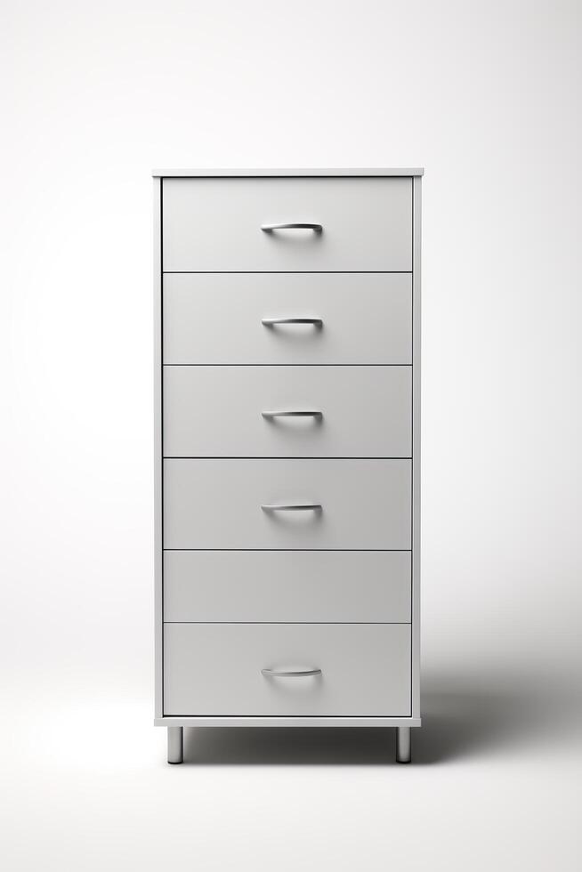 A white chest of drawers with five drawers photo