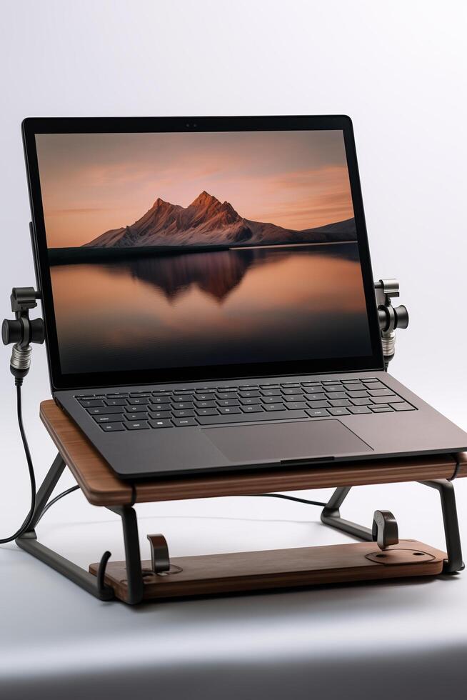 A laptop on a wooden stand with a mountain in the background photo