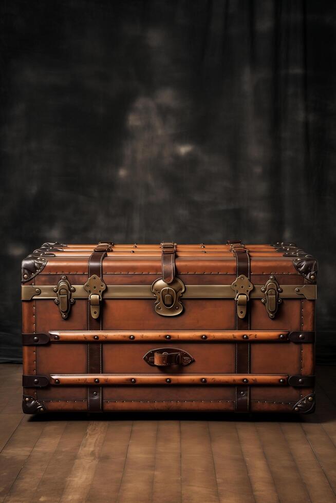 An old trunk sitting on a wooden floor photo