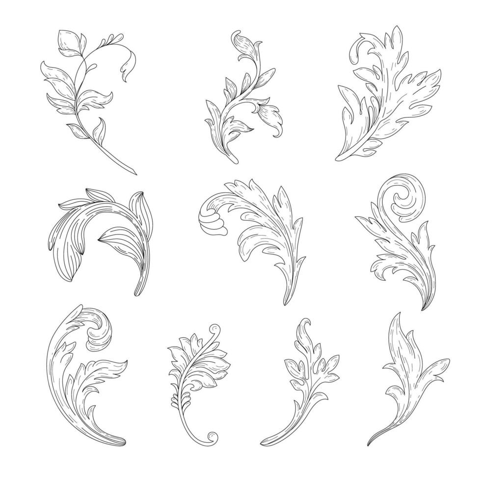 Vintage ornament, line style flourishes set. Damask patterns with flourishes calligraphic engraved ink style. vector