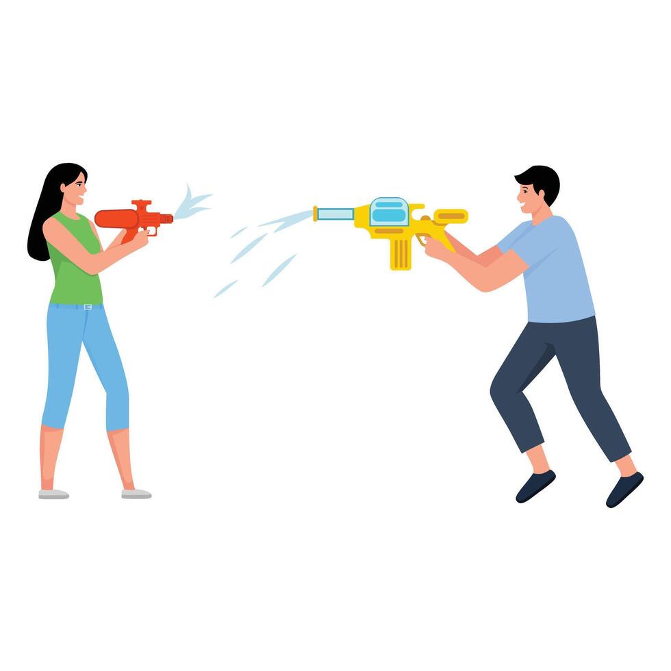 girl and boy playing with water gun on holi and Songkran festival vector