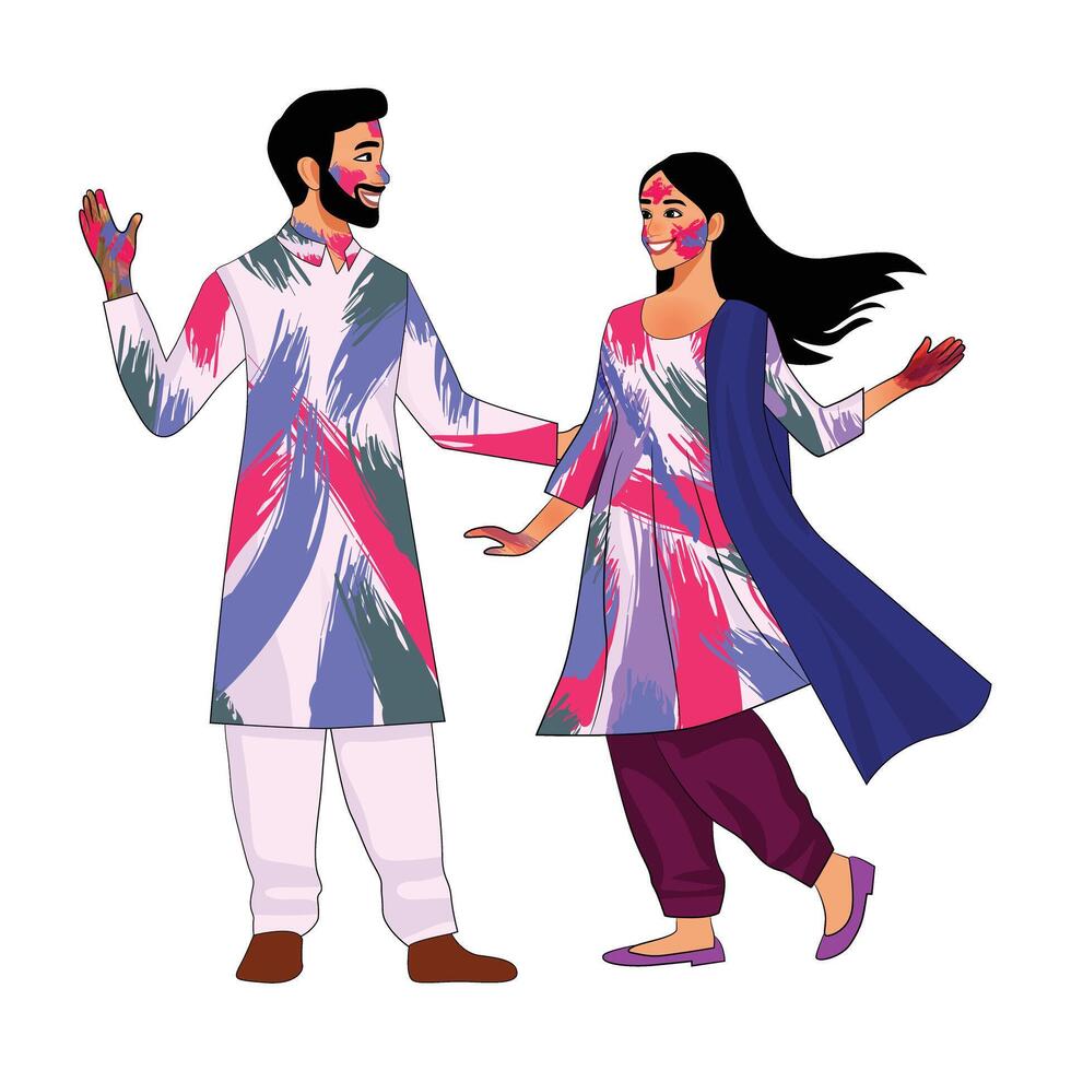 hindu couple celebrating Holi dhuleti festival with dry colors vector