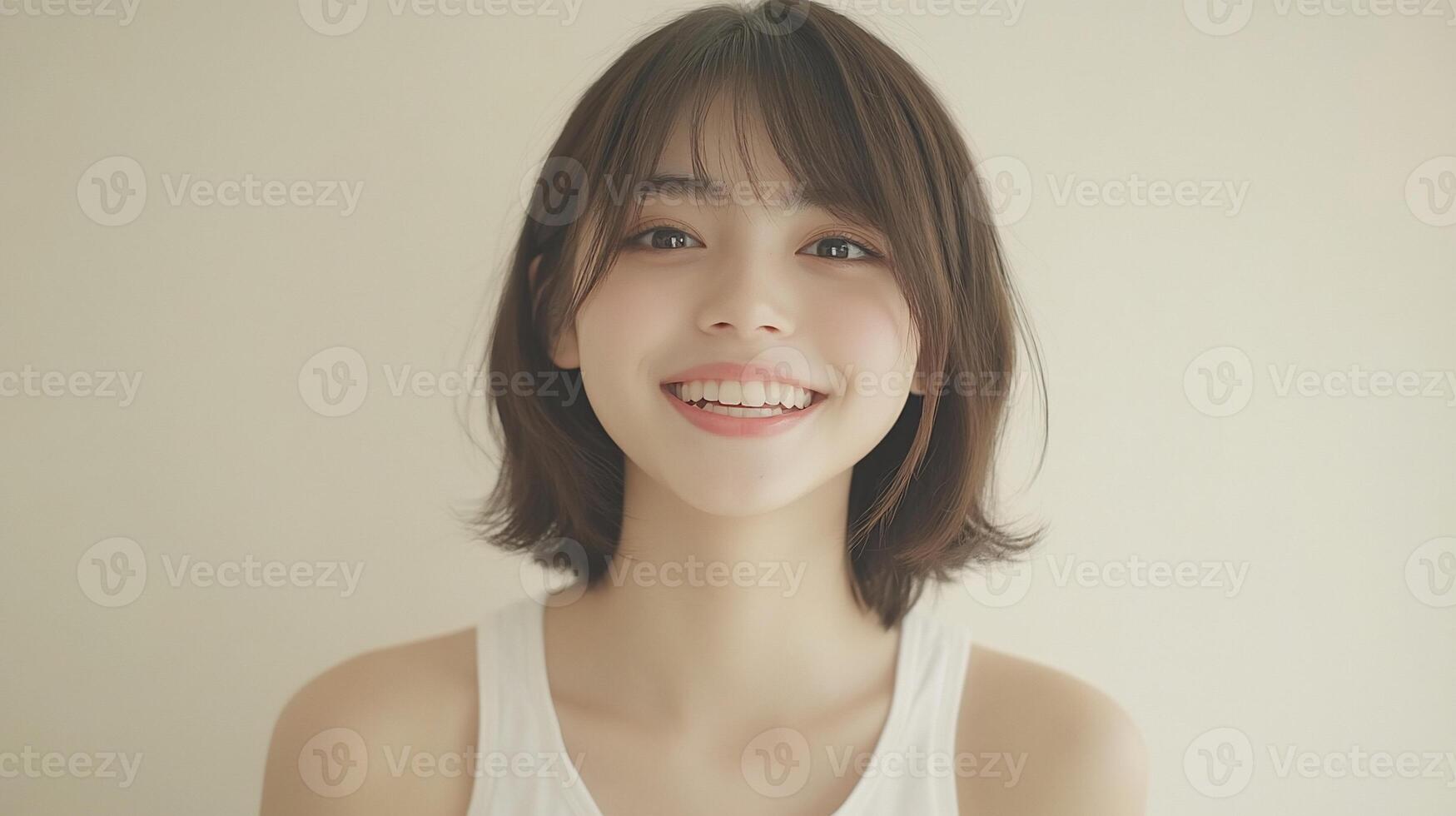 A woman with short hair and a white tank top photo