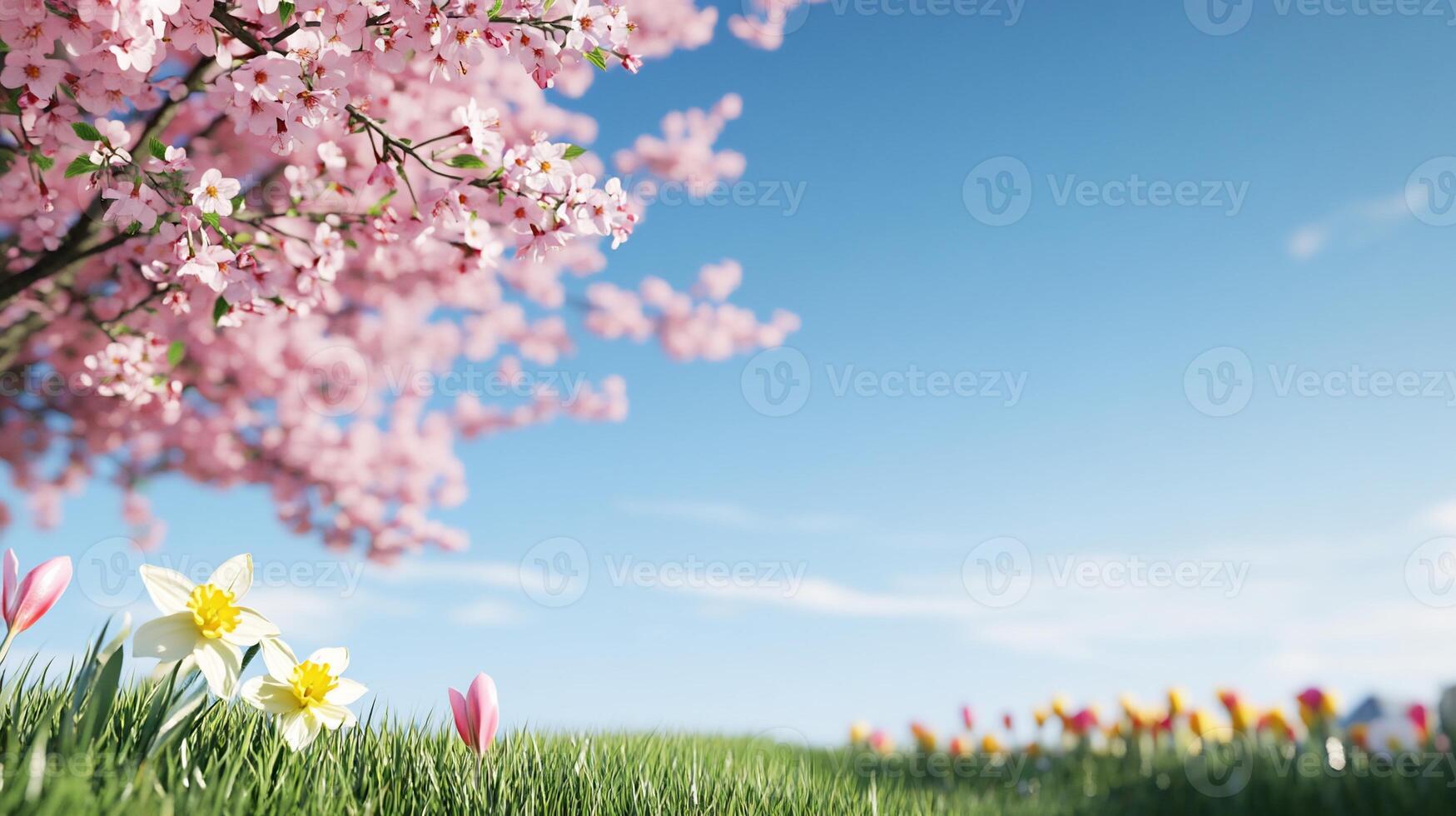 Spring flowers and grass in the foreground with blue sky background photo