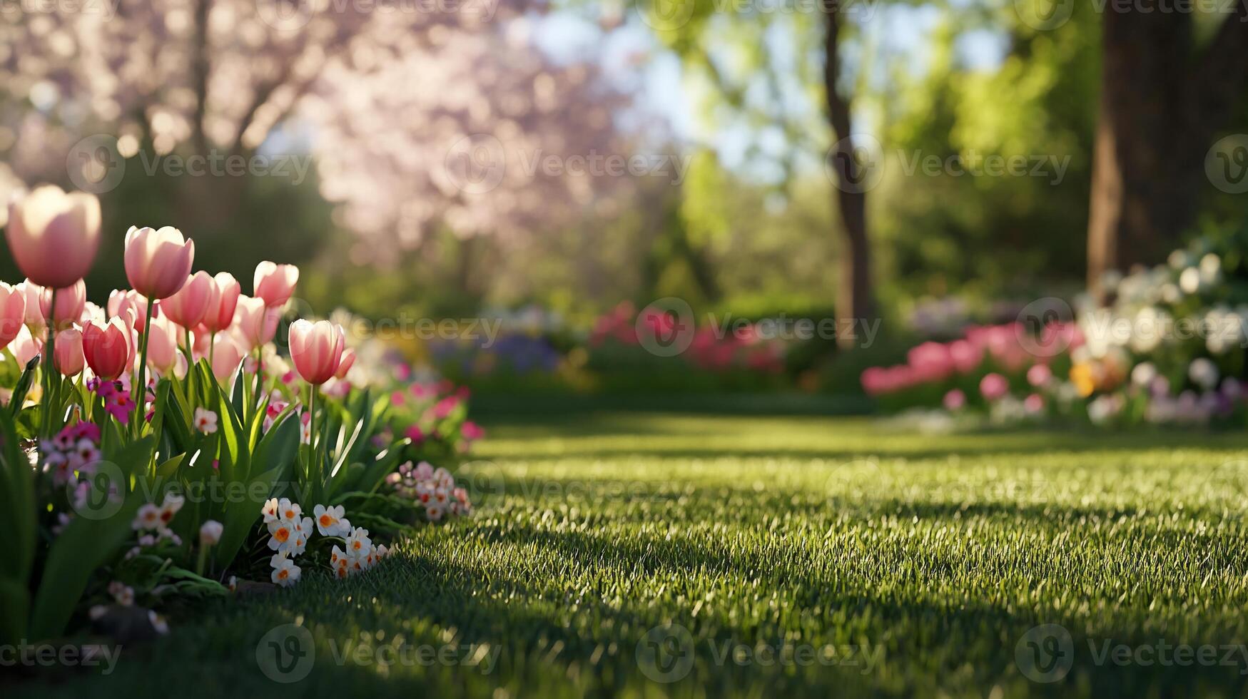 A vibrant garden scene with blooming flowers and lush green grass. photo