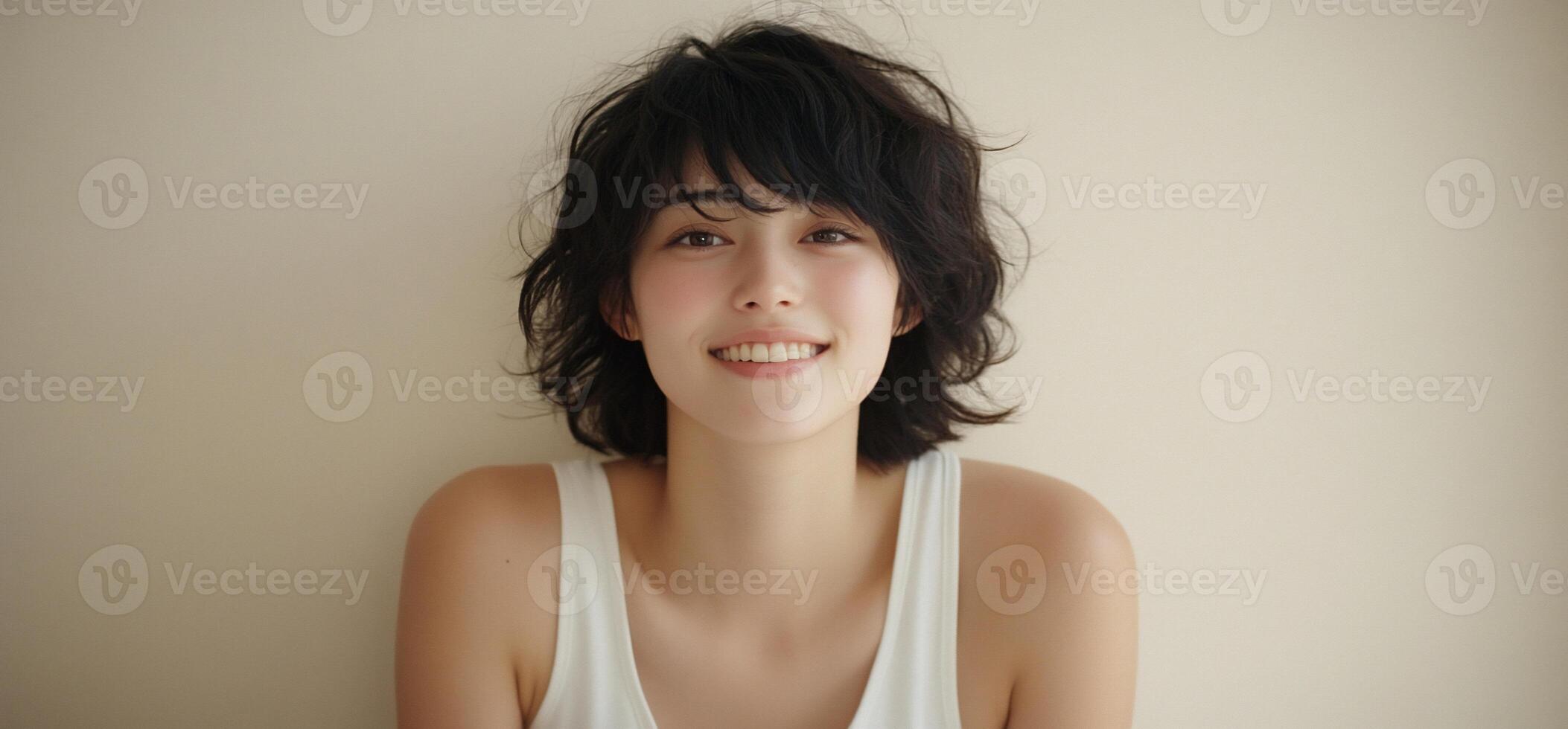A woman with short hair and a white tank top photo