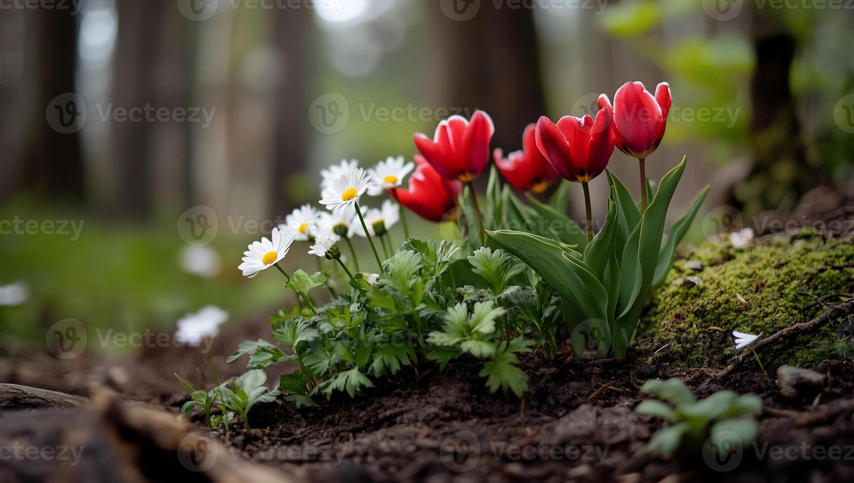 A vibrant arrangement of red tulips and white daisies in a forest setting. photo