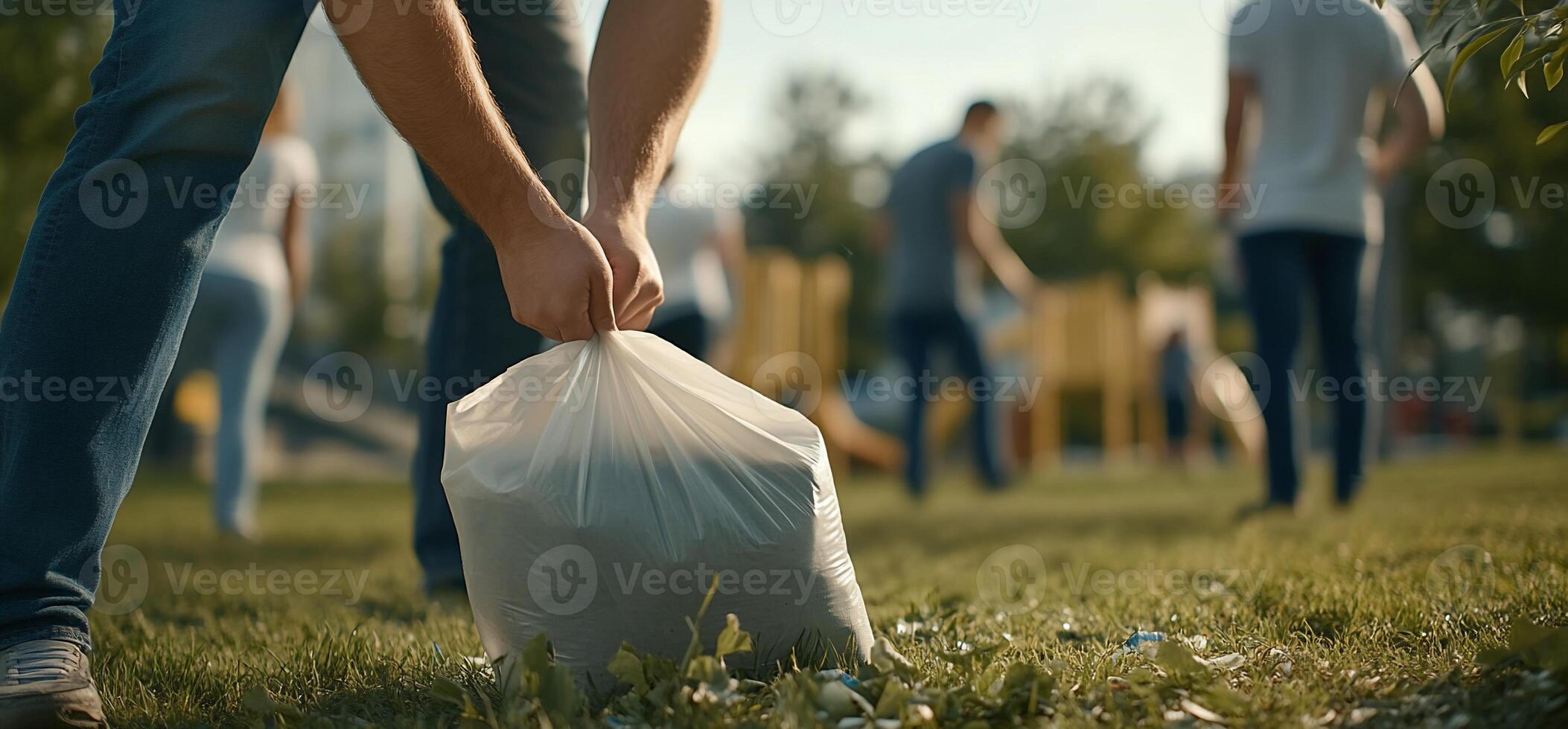 A person is picking up trash from the grass photo