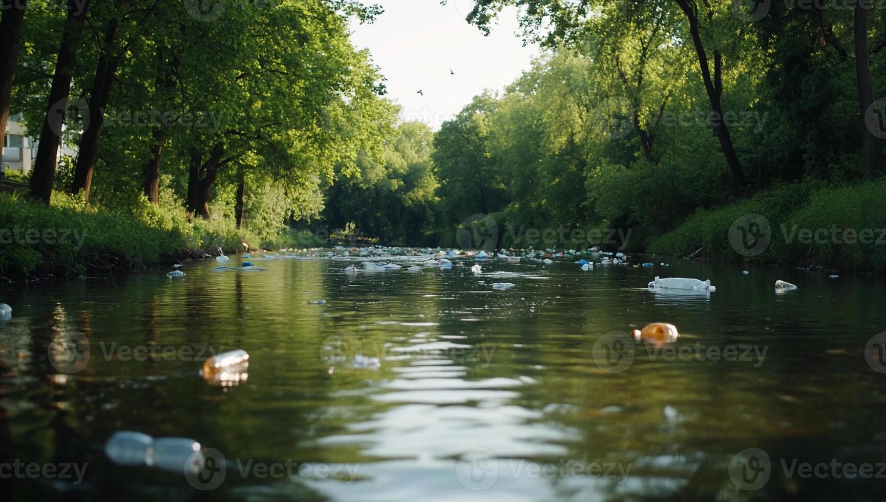 A river polluted with plastic bottles amidst lush greenery. photo
