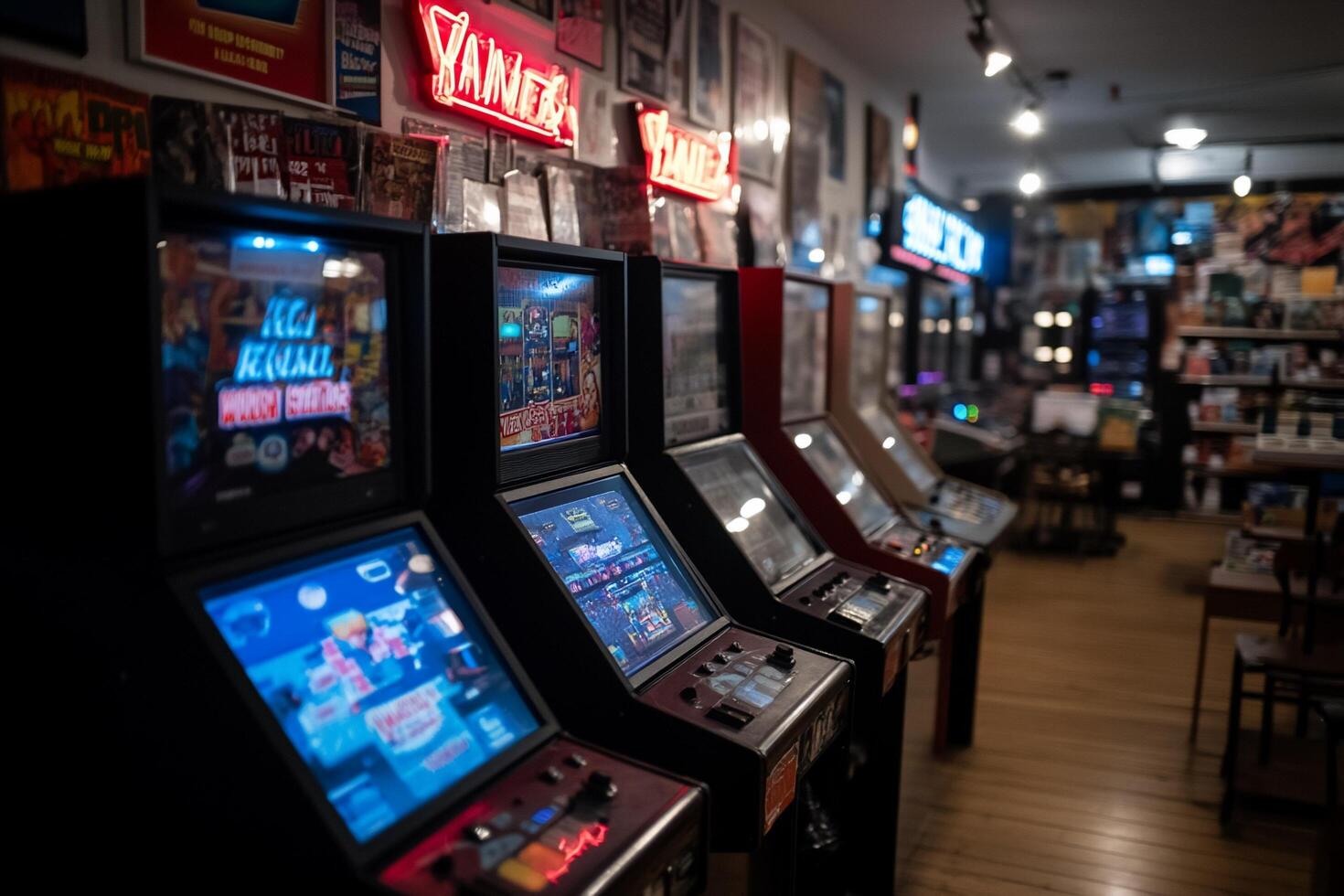 A row of arcade machines in a store photo