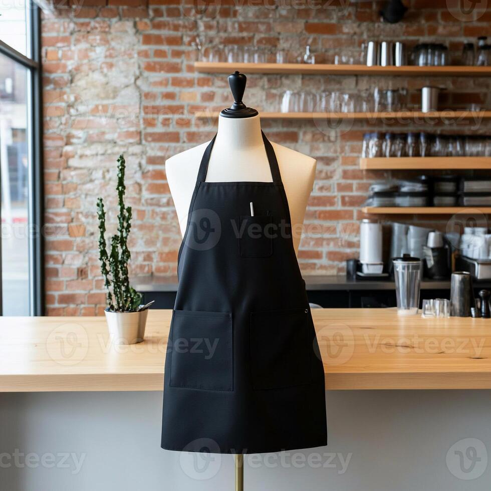 A black apron on a wooden table in front of a brick wall photo