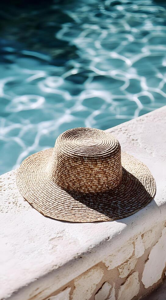 A hat sits on a ledge near a pool photo