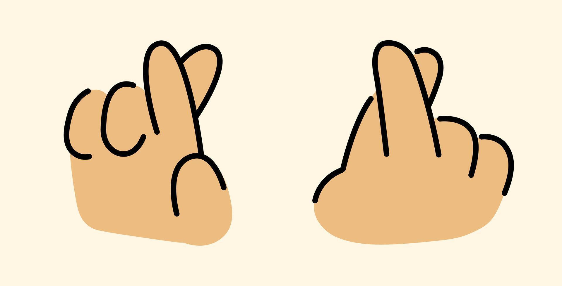 Cartoon Fingers Crossed Hand Gesture Illustration on Beige Background, Set of 2 Simple Drawings. vector