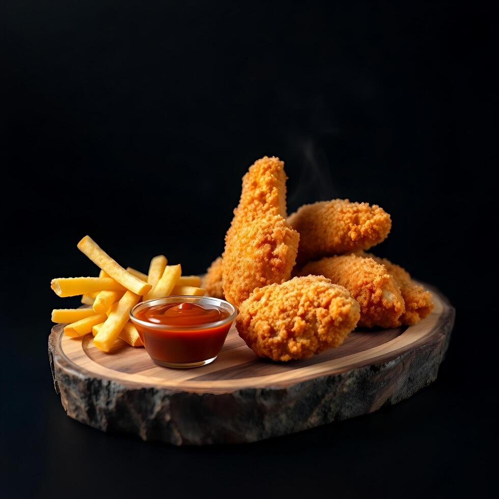 Crispy Fried Chicken with French Fries and Dipping Sauce photo