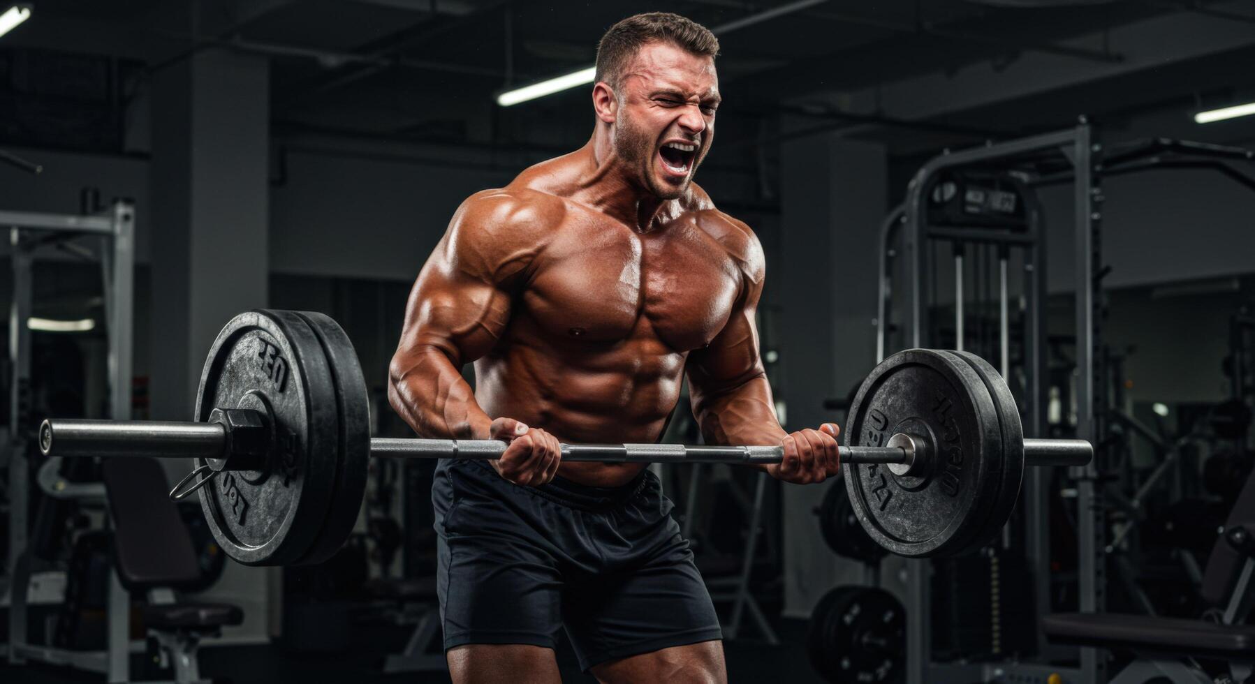 A bodybuilder lifting a barbell in a gym, showcasing muscle definition and strength during an intense training session. photo