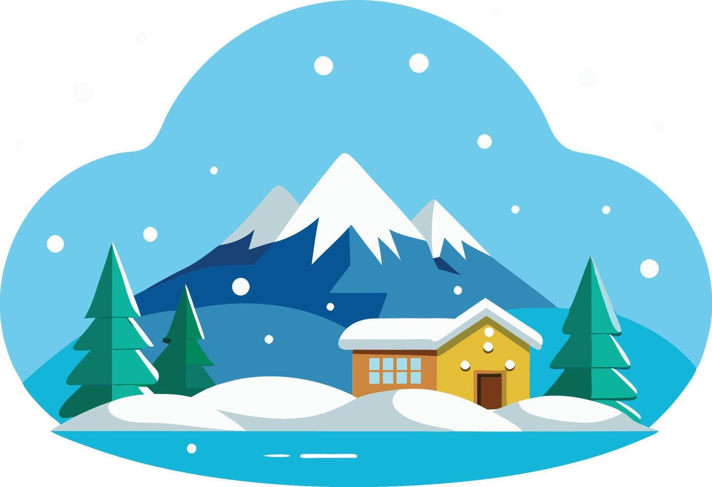 winter landscape, snowy mountain, cozy cabin, pine trees, flat design, cartoon style, pastel colors, cloud-shaped frame, falling snowflakes, tranquil scene, vector