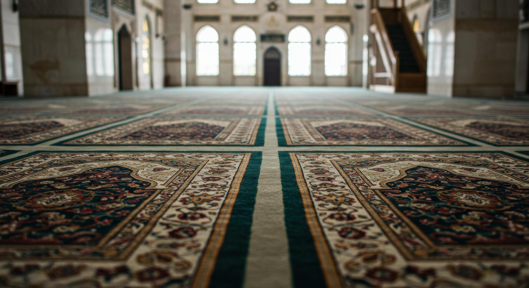 A close up view of the prayer mats arranged inside a mosque for worship. photo