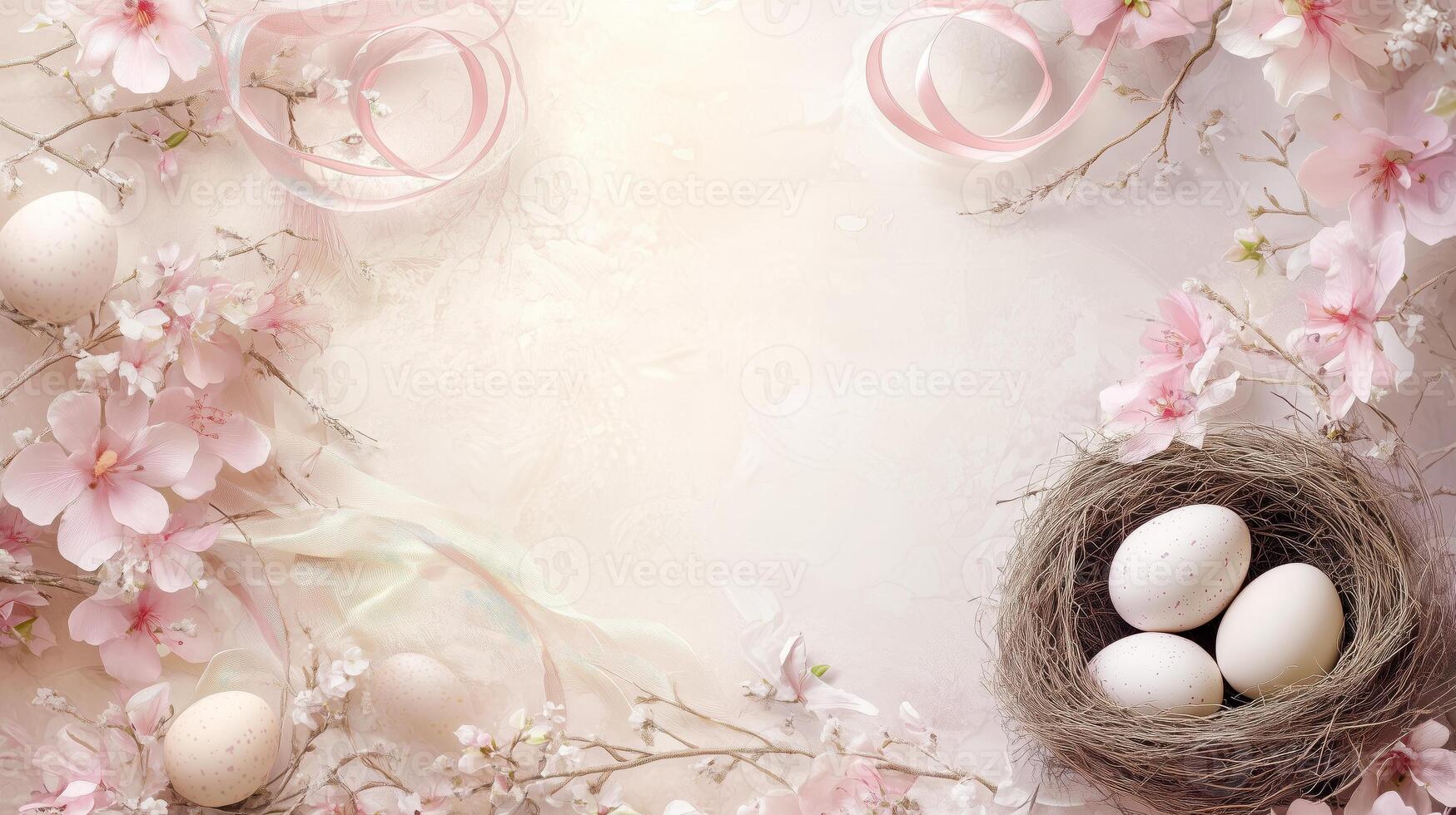 Easter-themed background with eggs, bird's nest, flowers and ribbons. 9 photo