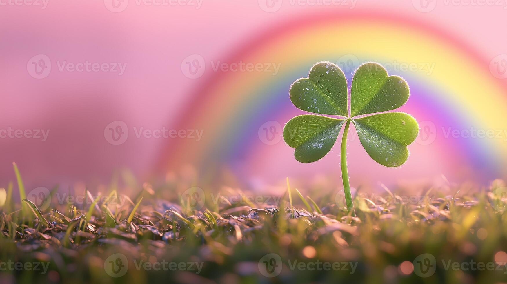The green clover stands on grass with a pink sky background with a rainbow. 6 photo