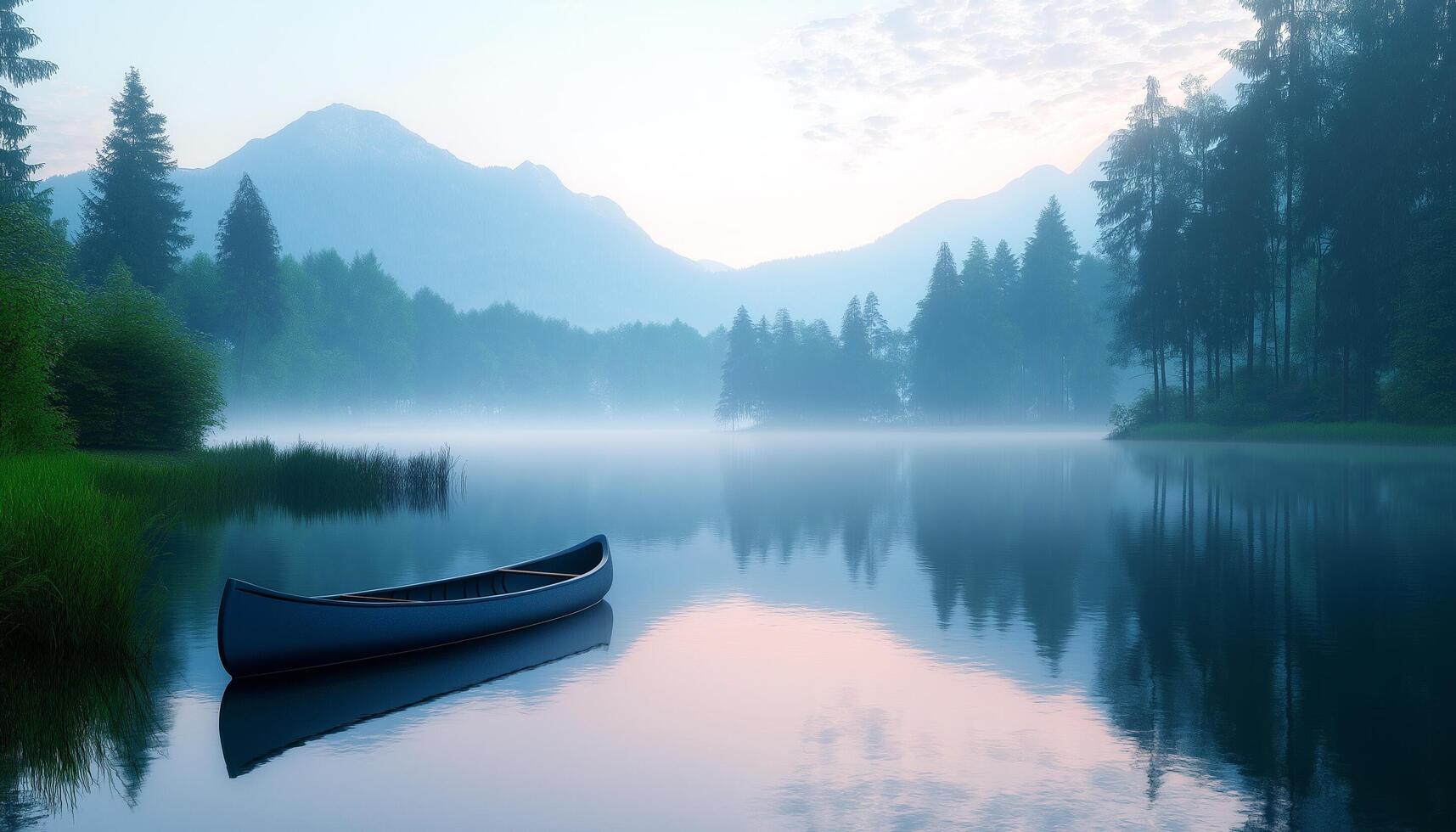 Calm morning landscape with a canoe on a tranquil lake surrounded by misty mountains and serene trees photo