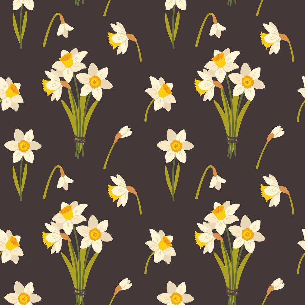 Seamless pattern with white daffodils on dark background. Spring flower narcissus. fabric swatch vector