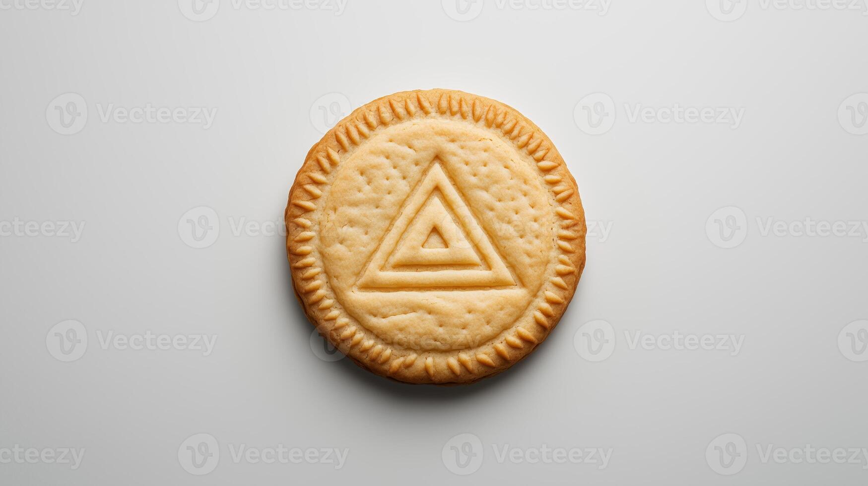 Circular cookie with the triangle simple icon on it, isolated on solid white background. photo