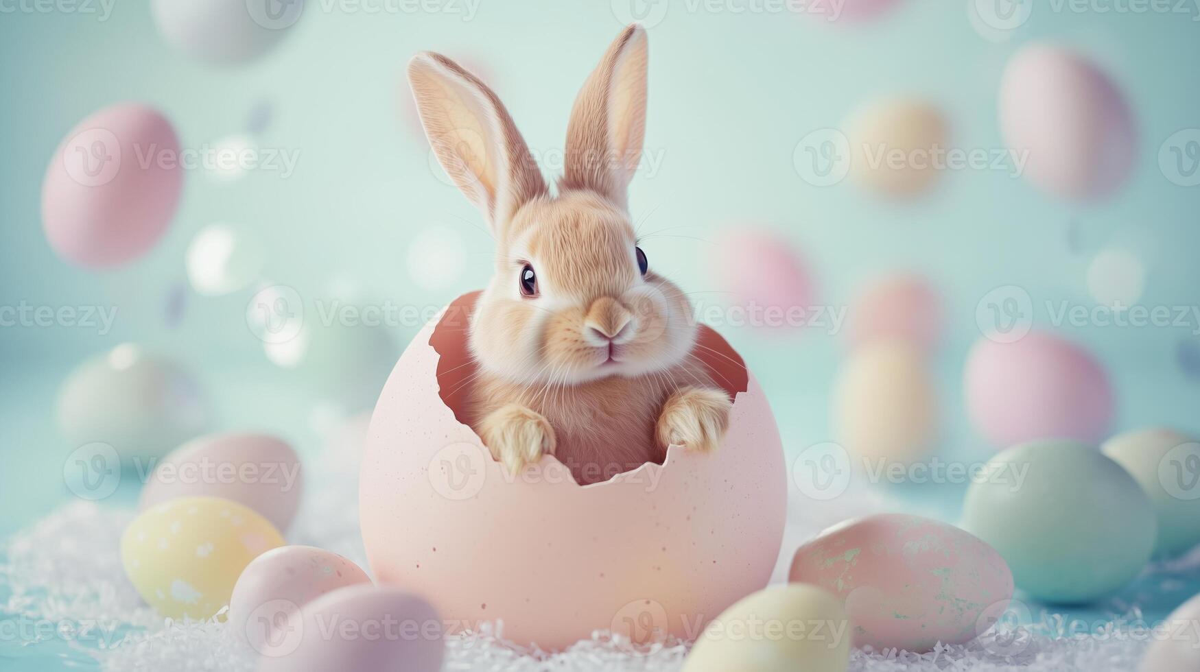 A bunny and ears sticking out of an egg-shaped hole in light and pastel colors, with eggs. 13 photo