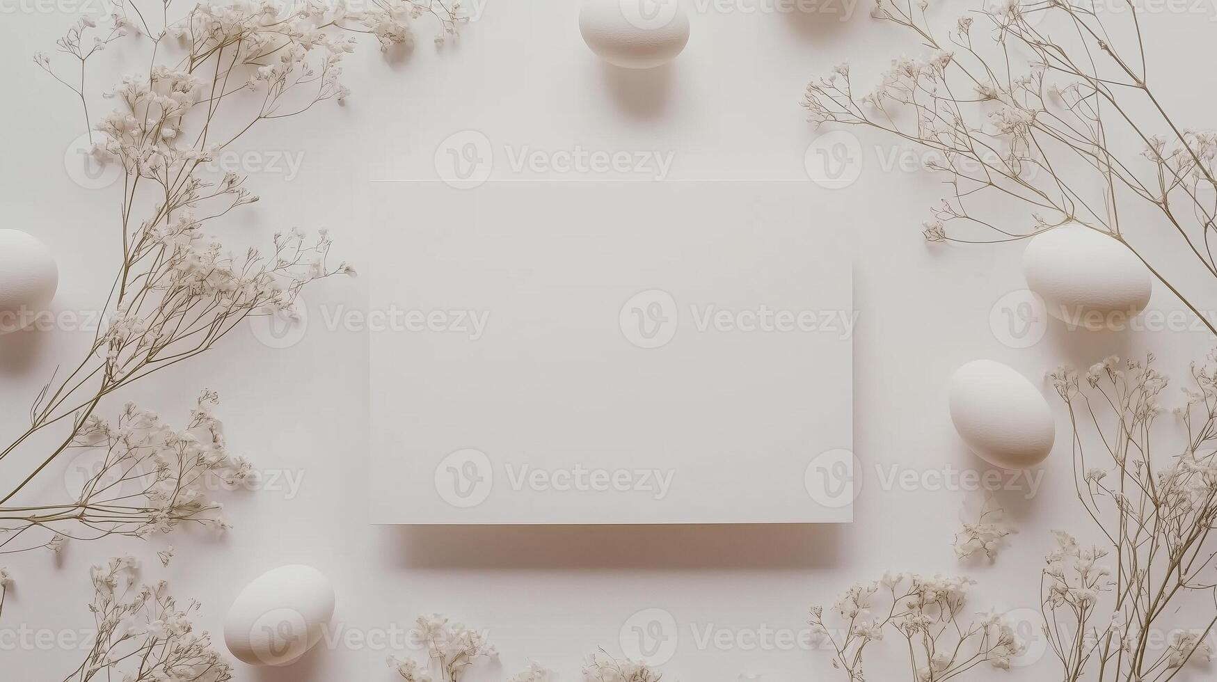 Easter-themed blank white card mockup surrounded by small Easter eggs and delicate flowers. 13 photo