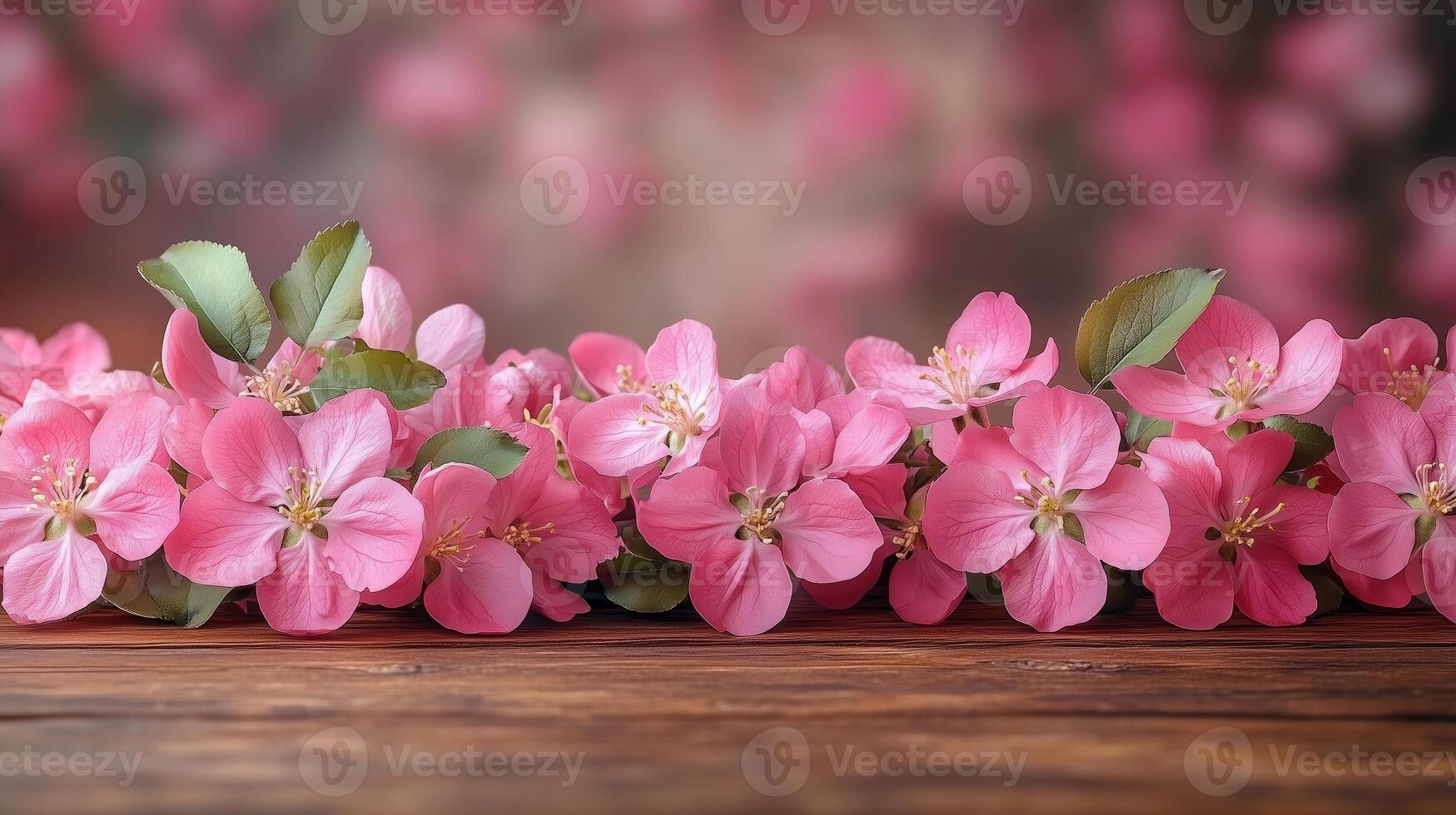 A pink apple blossoms on a wooden table with a blurred garden background. 9 photo