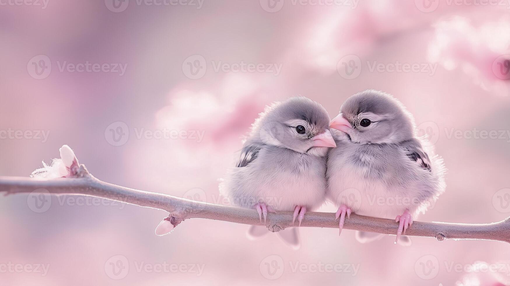 Two cute, gray little birds snuggling on a branch, with soft lighting and a blurred background. 15 photo