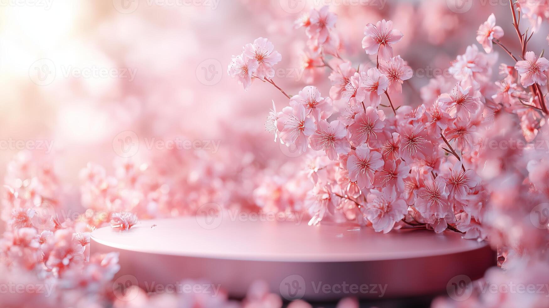 A round podium with pink sakura flowers on it, a blurred background with blooming cherry. photo