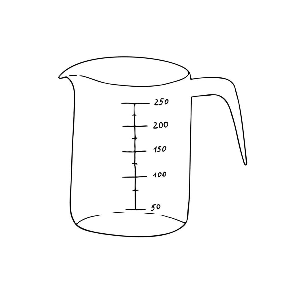 measuring cup. Graphic ink Plastic kitchen tool illustration isolated on background. Hand drawn line sketch. For designers, prints, logo, icon, menu, postcards, holiday, covers vector