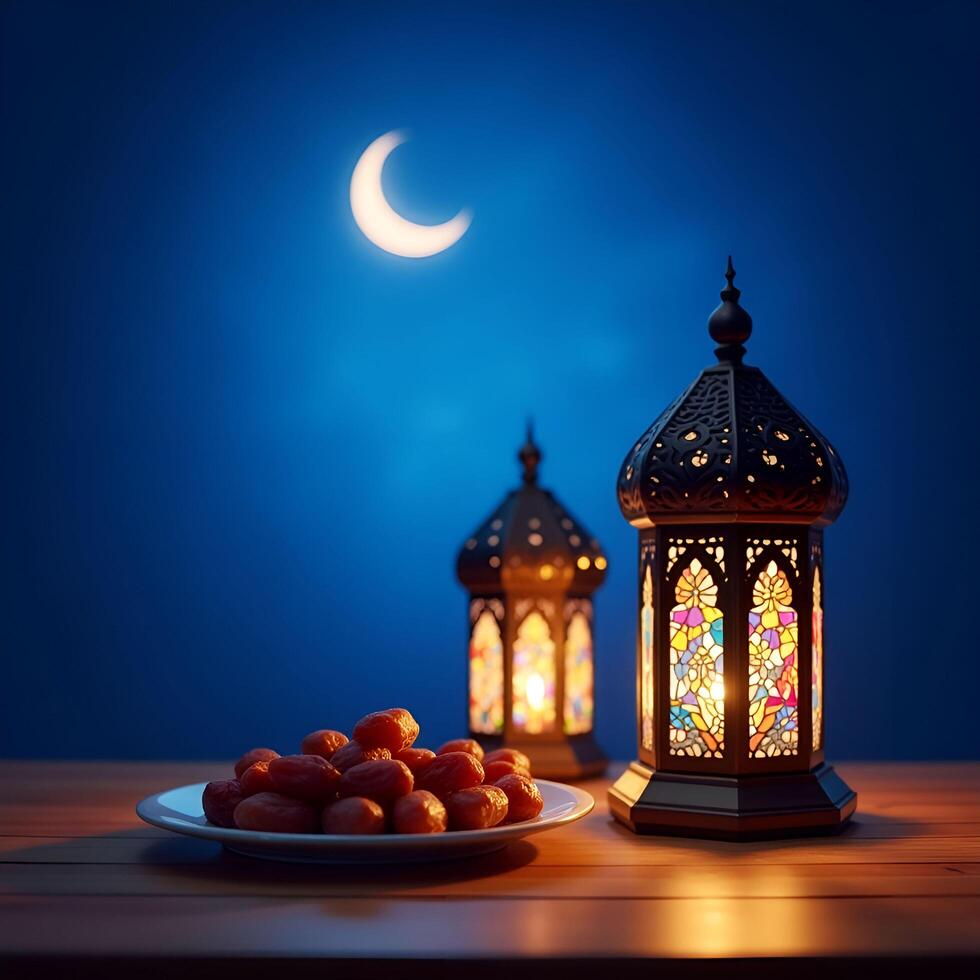 Ramadan Iftar Scene with Dates and Warm Candlelit Lanterns photo