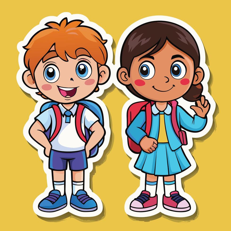 sticker of two kids with backpacks vector