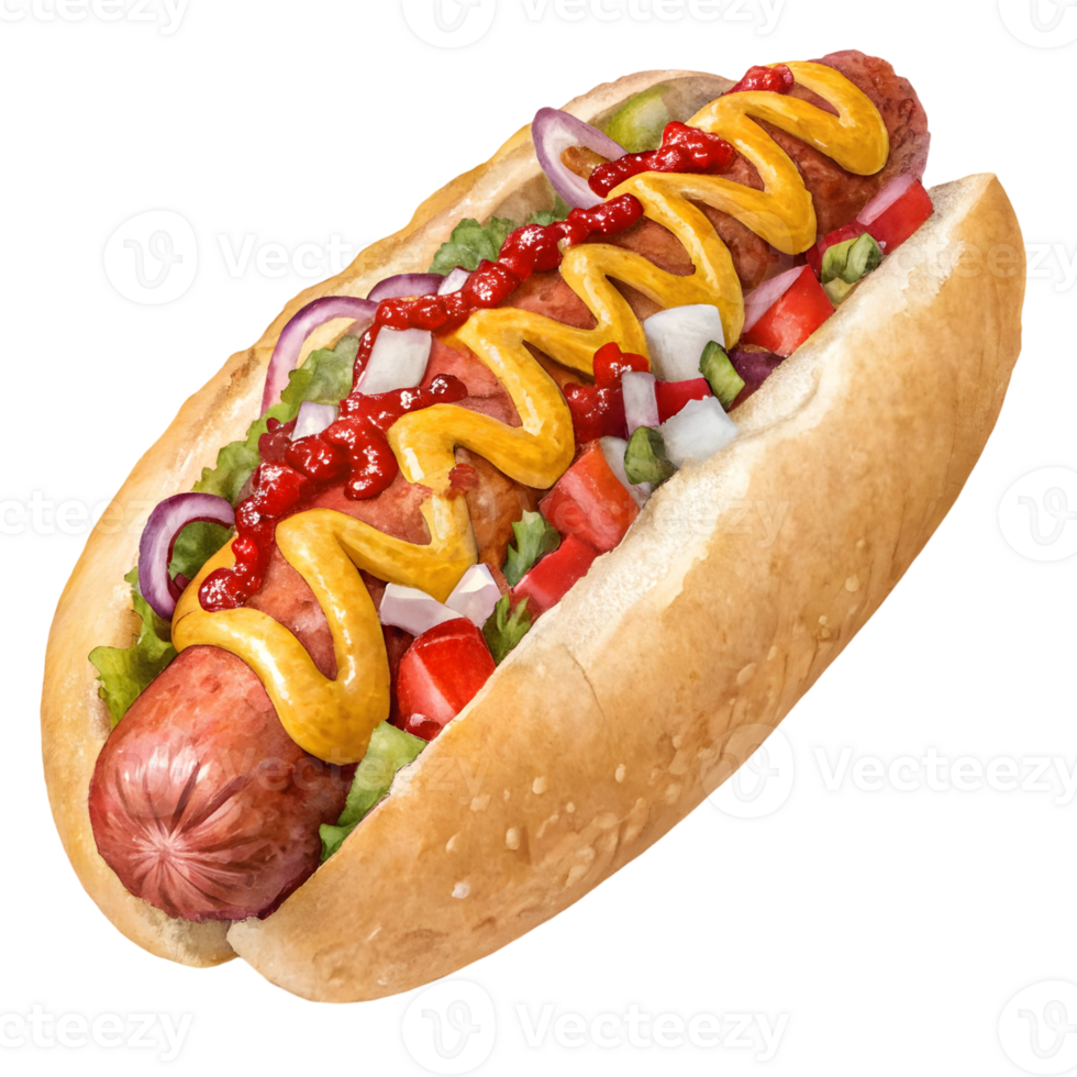 Delicious hot dog packed with toppings from a summer cookout in a backyard setting during a sunny afternoon png
