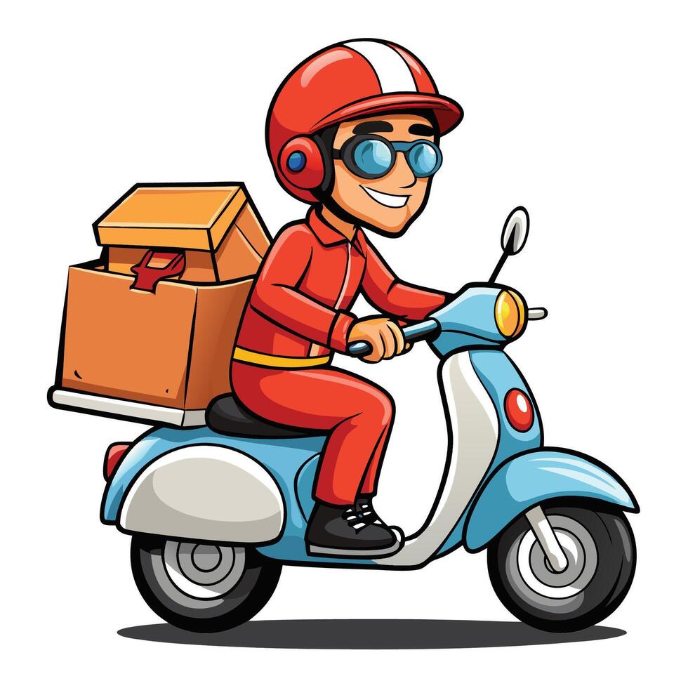 cartoon delivery man riding a scooter with boxes vector