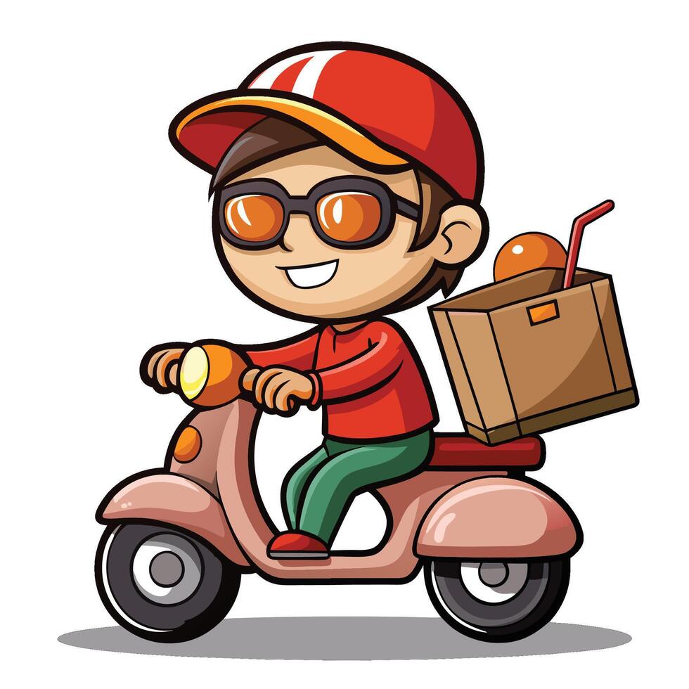cartoon delivery boy riding a scooter with a box of fruit vector