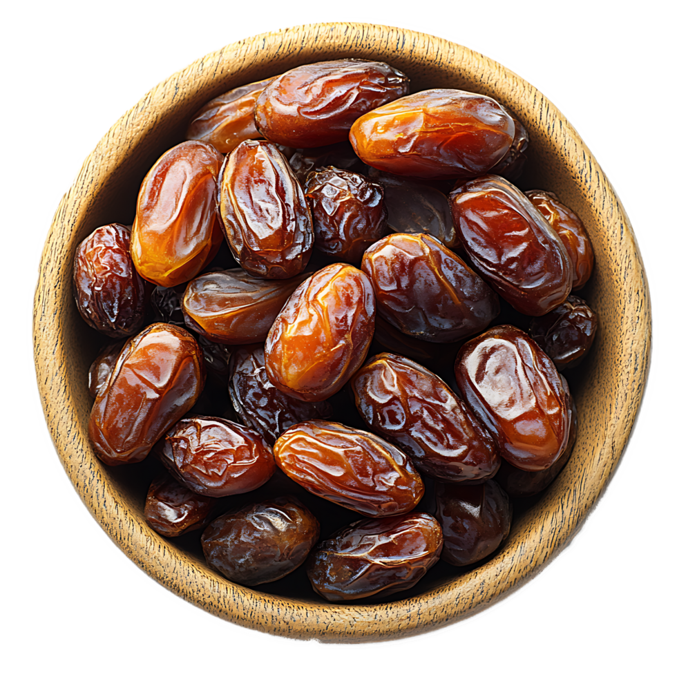 A wooden bowl filled with many sweet dates png