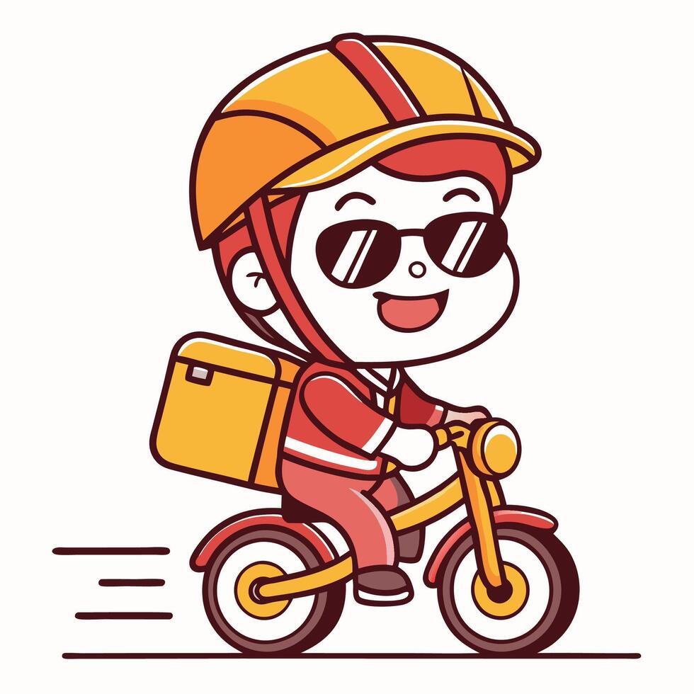 a cartoon boy riding a bike with a bag on his back vector