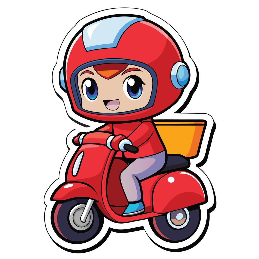 a sticker of a cartoon boy riding a scooter vector