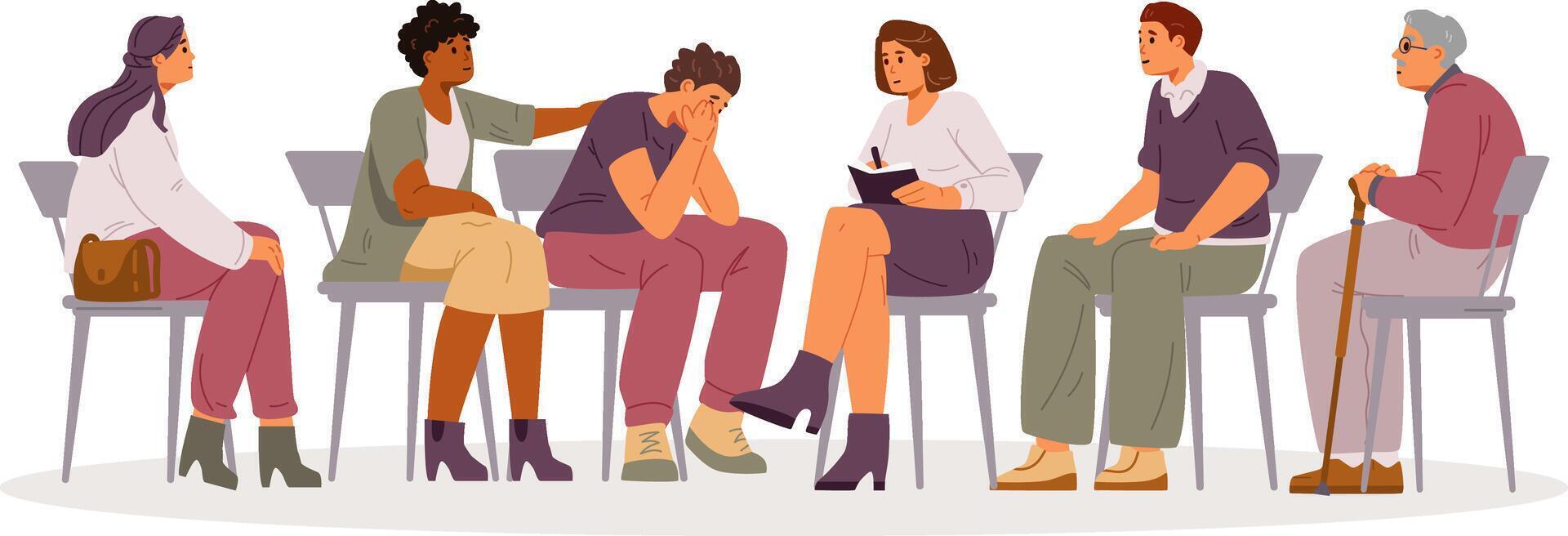 Woman psychologist with patients on group therapy session flat illustration isolated on white. Man sharing his problems with diverse group of people. vector