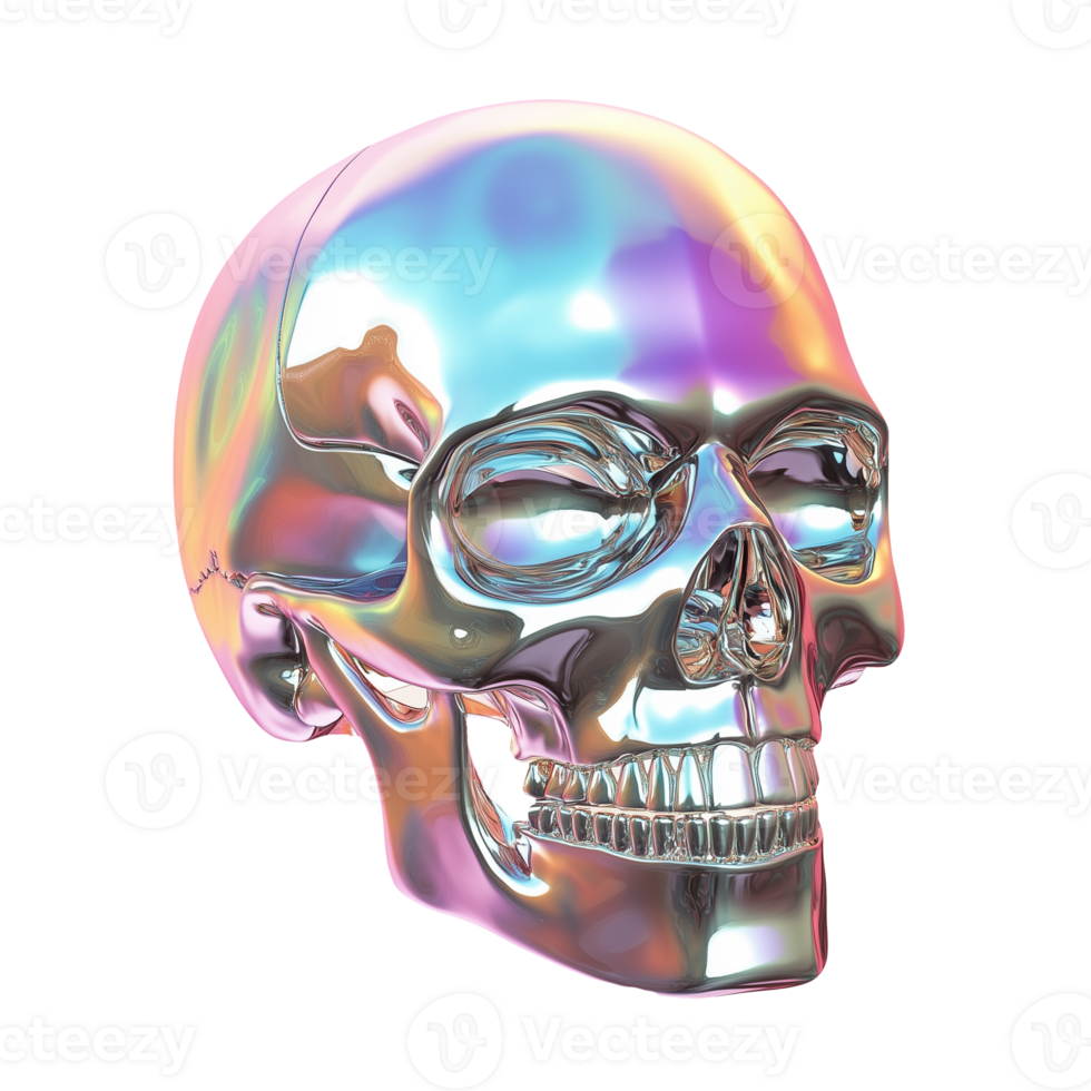 3d chrome Iridescent Skull Holographic Chrome Effect in a futuristic y2k style png