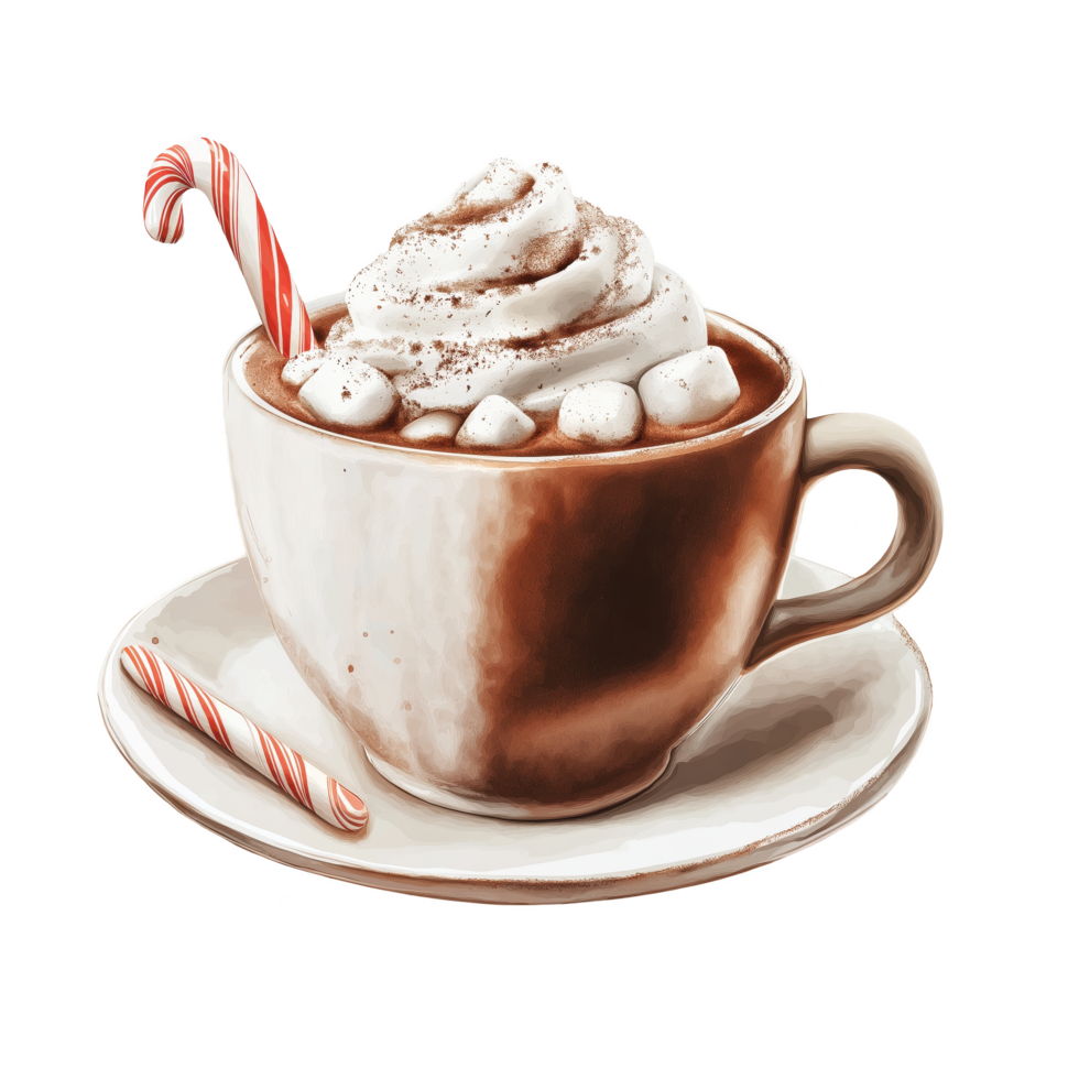 A cup of hot chocolate with whipped cream and a red and white cane png
