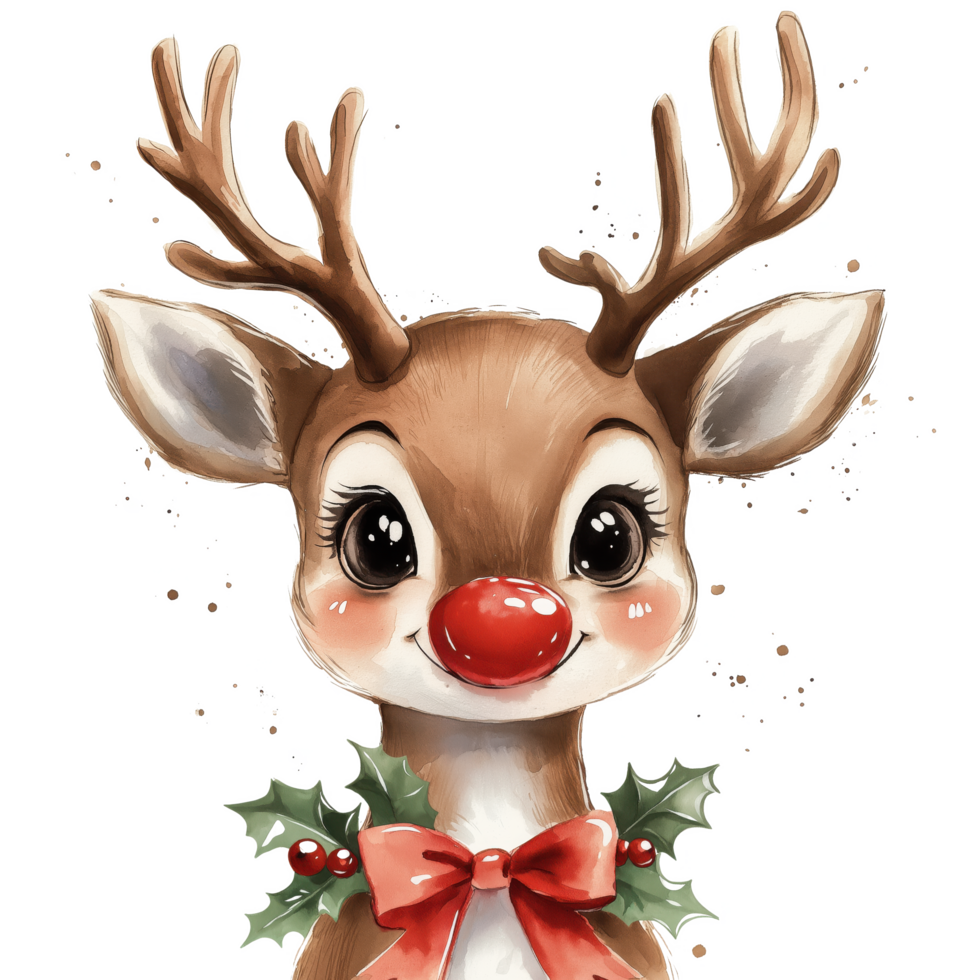A cute cartoon of a reindeer with a red nose and a red ribbon around its neck png