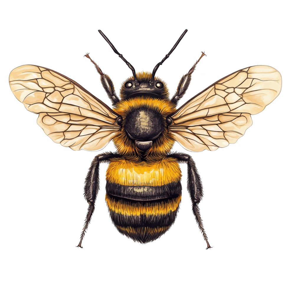A drawing of a yellow and black bee with its wings spread out png